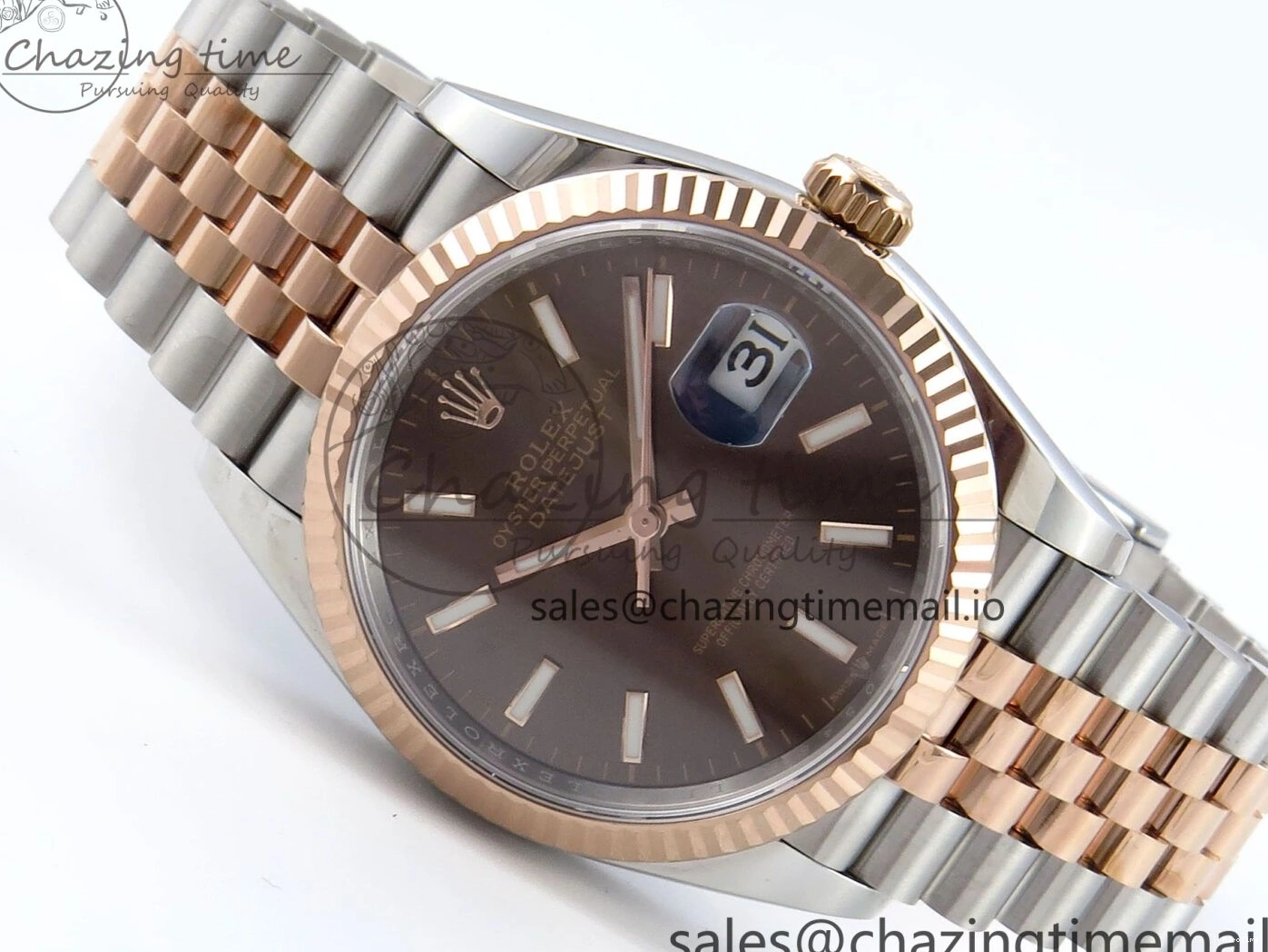 MiroTime 0204 SmoothTexture DateJust 36 126231 EWEF Best Edition Brown Dial Stick Marker on SS RG Jubilee Bracelet A 592